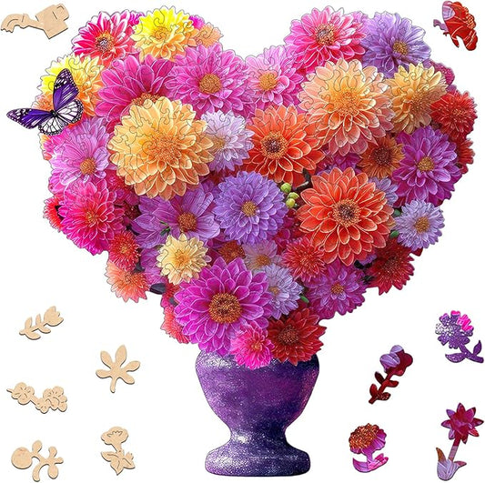 Wooden Puzzles for Adults, 520 Pieces Heart Flower Vase Wooden Jigsaw Puzzles, Floral Puzzle Unique Shaped for Adults and Kids on Birthday, Thanksgiving, Family Puzzle Games(16.9''x16.9'')