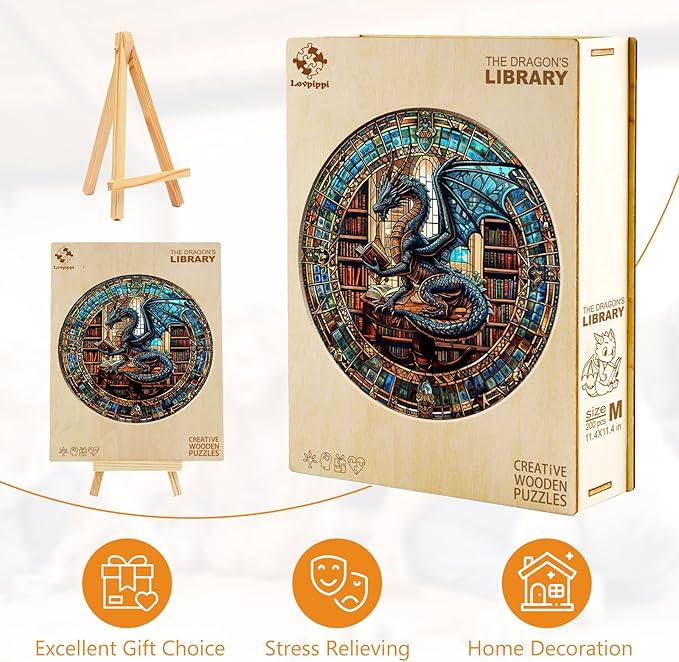 Wooden Puzzles for Adults, Wooden Jigsaw Puzzles for Adults, Wood Puzzles Adult-The Dragon's Library Unique Shaped Dragon Puzzle, Birthday Gifts for Friends Family Game (8.5 * 8.5in 100pcs)