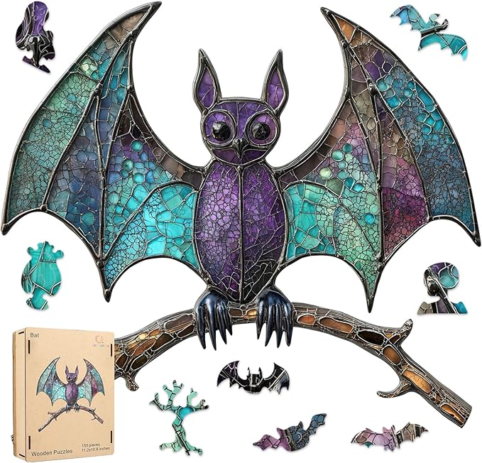 Wooden Puzzles for Adults, Halloween Puzzles,Stained Glass Bat Puzzles Animal Wooden Puzzles,150 Pieces Unique Irregular Fun Challenging Jigsaw Puzzles Gifts, Perfect Family Games, 11.2 * 10.6inch