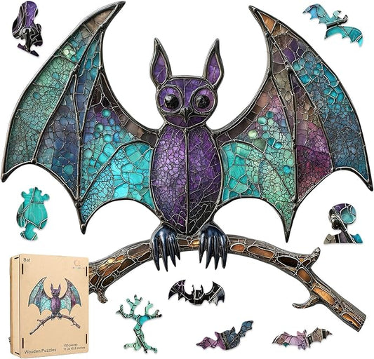 Wooden Puzzles for Adults, Halloween Puzzles,Stained Glass Bat Puzzles Animal Wooden Puzzles,150 Pieces Unique Irregular Fun Challenging Jigsaw Puzzles Gifts, Perfect Family Games, 11.2 * 10.6inch