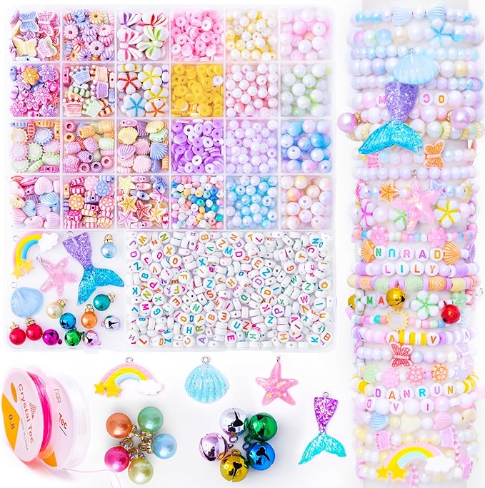 Danrun Bracelet Making Kit for Little Girls, Arts and Crafts for Kids Ages 6-8 for Making Jewelry, Mermaid Birthday Gifts for Girls Ages 5 7 9 10 11 12 - Cute Beads for Kids Toy Jewelry (Pink)
