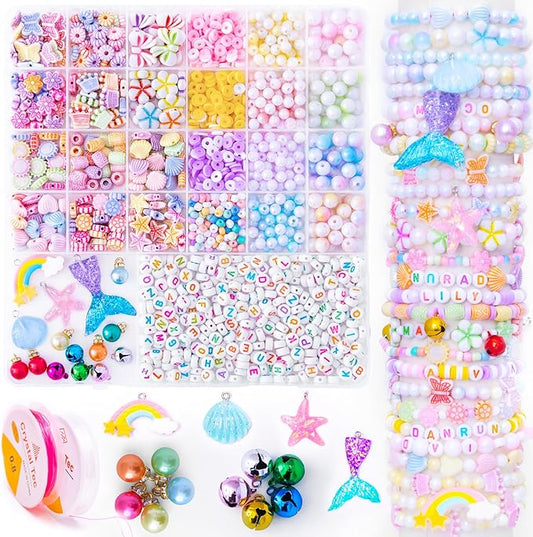Danrun Bracelet Making Kit for Little Girls, Arts and Crafts for Kids Ages 6-8 for Making Jewelry, Mermaid Birthday Gifts for Girls Ages 5 7 9 10 11 12 - Cute Beads for Kids Toy Jewelry (Pink)