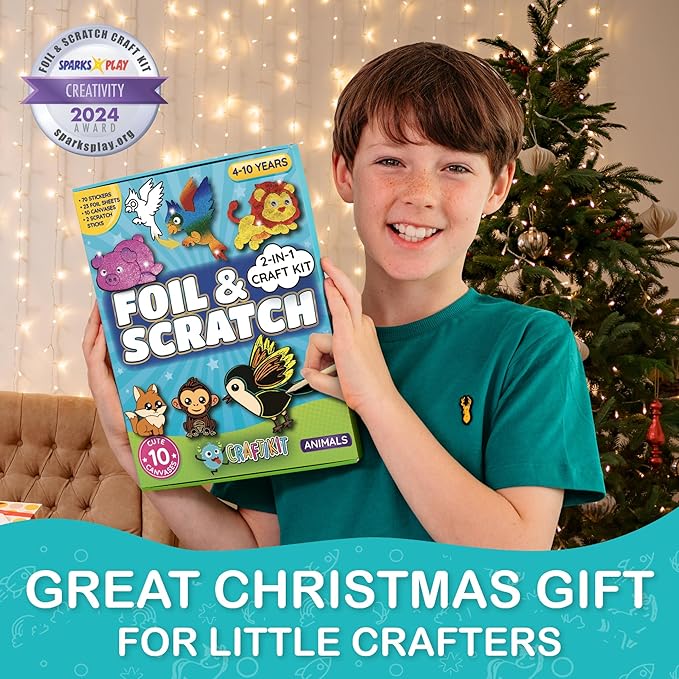 Craftikit ® Award-Winning Foil Art & Rainbow Scratch Art for Kids - 2-in-1 Arts and Crafts Kit for Kids Ages 4-10 - Animal Theme for Girls, Boys & Toddlers Ages 4, 5, 6, 7, 8, 9, 10