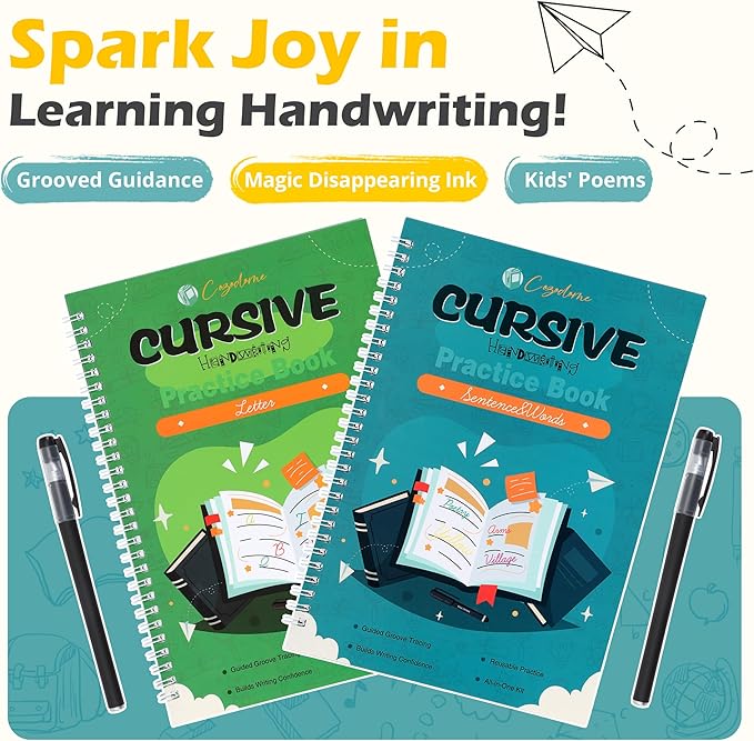 Grooved Cursive Handwriting Workbook for Kids-Reusable Magic Practice Book with Disappearing Ink, Cursive calligraphy Kit, Cursive Copybook for Kids Ages 5-12, Handwriting Without Tears Teens