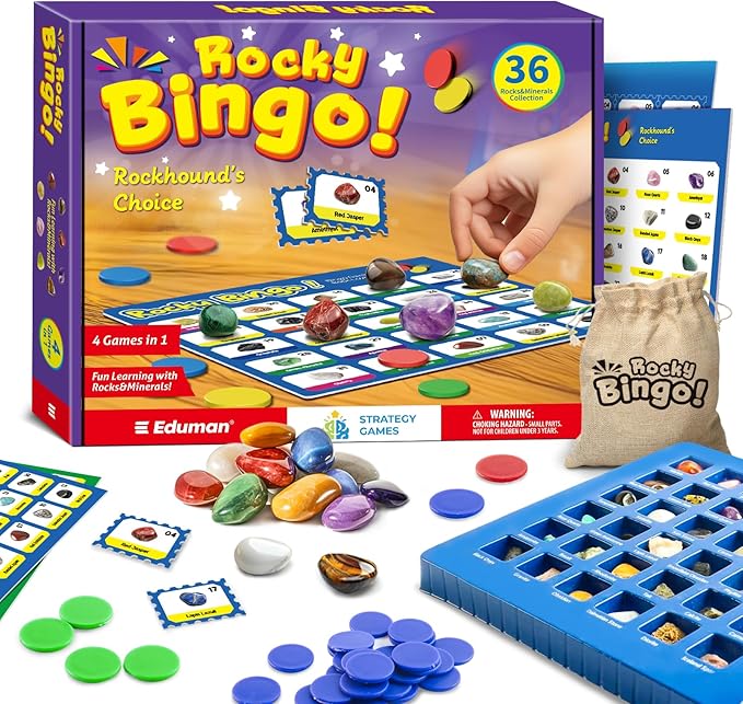 36pcs Rock Collections for Kids, Real Rocks and Minerals Set, Rocks Bingo Board Games, Gemstones for Kid 6+, Stones Science Kit for Kids, A Geology Educational Stem Gift for Boys and Girls