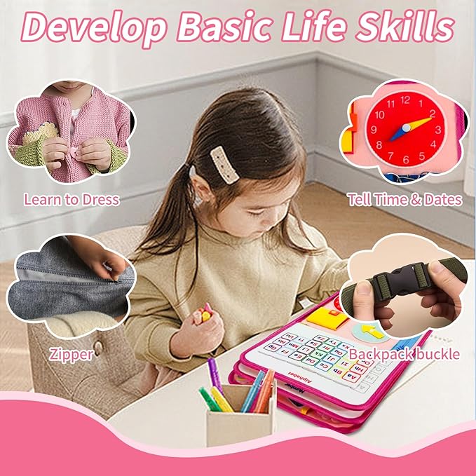 Montessori Busy Board for Toddlers Sensory Activity Board with Zipper, Buckle, Laces - Educational Travel Toy, Learning Fine Motor Skills, Montessori Toys