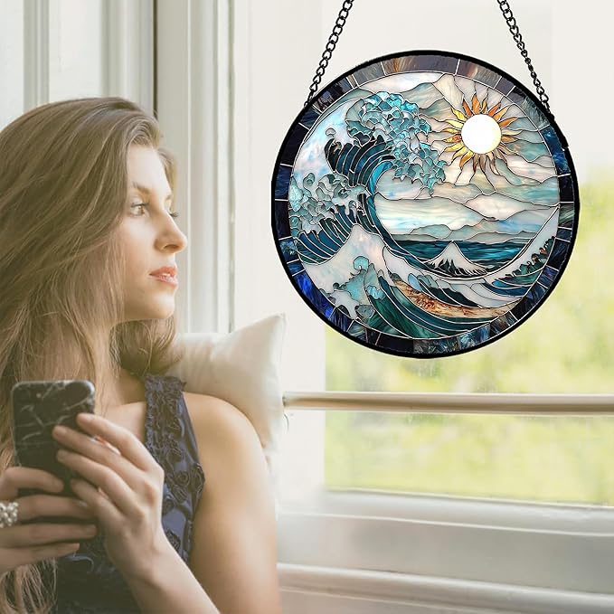 Stained Glass Window Hanging - White Sun Big Wave Suncatcher for Door Terrace Garden Home Decor Blue Ocean Landscape Sun Catcher Birthday Gifts for Lovers Women Men Dad Mom Nana 11.8 in