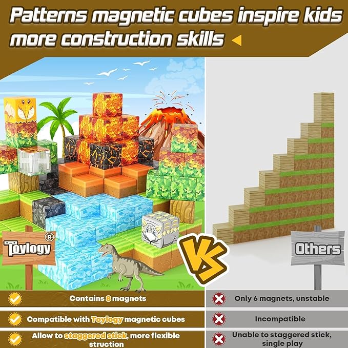 Dinosaur Toys Magnetic Blocks-Build Mine Magnet World Volcano Edition Kids Toy for 3+ Year Old Boys and Girls Building Blocks Toddler Toys Games Through Jurassic Learning Sensory Toy Gifts