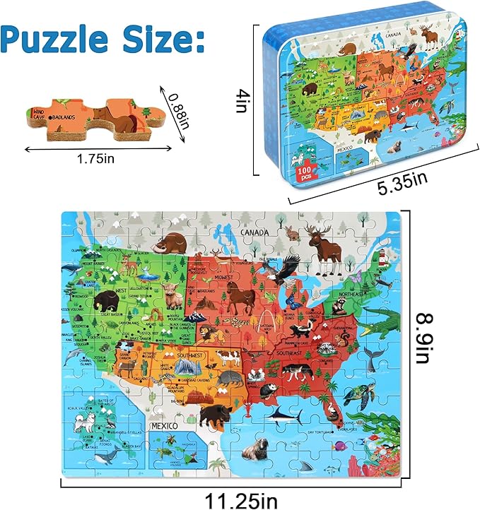 LELEMON Puzzles for Kids Ages 4-6,Animal Map 100 Piece Puzzles for Kids Ages 4-8 in a Metal Box, Educational Jigsaw Puzzles 100 Piece Puzzle Games Puzzle Toys for Girls and Boys