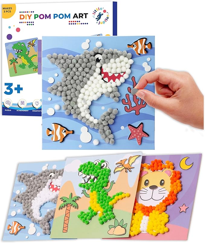 Little Jupiter DIY Pom Pom Art - Makes 3 Art Pieces -Boy & Girl Crafts for Kids Age 3-5 - Toddler Crafts - Pom Pom Arts and Crafts - Art Projects for Kids - (Set 1 -Lion, Shark, Dinosaur)