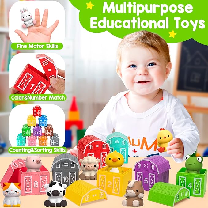 KMUYSL Toys for 1,2,3 Year Old Boys Girls, Farm Animals Toys Playset, Counting Skill, Color Matching, Christmas Birthday Easter Educational Gift for Baby Toddler Boys Girls Age 12-18 Months