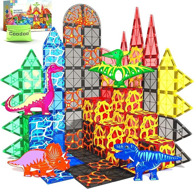 Dinosaur Toys Magnetic Tiles Lava Dinosaur World Set - Kids Games for 3+ Year Old Boys & Girls, Magnetic Blocks for Kids Ages 3-4 5-7 8-13 STEM Preschool Learning Montessori Toddler Toys