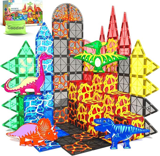 Dinosaur Toys Magnetic Tiles Lava Dinosaur World Set - Kids Games for 3+ Year Old Boys & Girls, Magnetic Blocks for Kids Ages 3-4 5-7 8-13 STEM Preschool Learning Montessori Toddler Toys