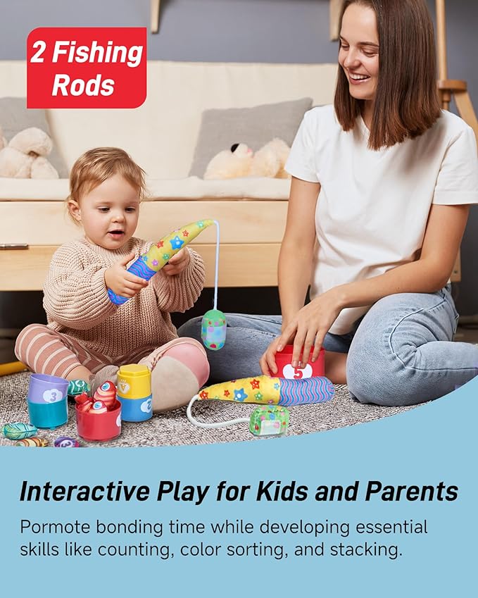 Infinno Count Learning Montessori Toys - for Babies & Toddlers 1-3 Year Old with 15 Numbered Fish & 5 Cups & 2 Fishing Rods- Sorting,Stacking,Counting