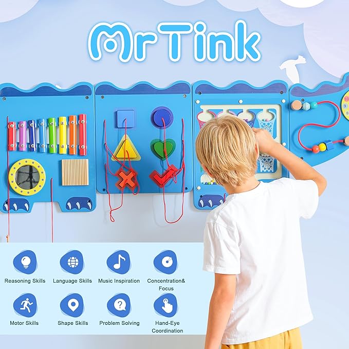 Crocodile Sensory Toys Activity Wall Panels - Montessori Busy Board, Toddler Learning Panel, Wall-Mounted Playroom/Daycare Educational Toys, Interactive Wooden Gift for Kids 3-6, Blue