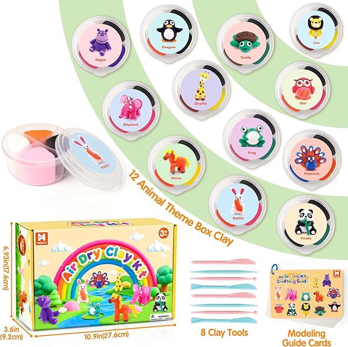 Air Dry Clay Kit for Kids, 12 Animals Modeling Clay with Tutorial Cards & Video, 8 Sculpting Tools, Ultra Light, Safe & Non-Toxic, DIY Art and Crafts Gifts for Boys Girls