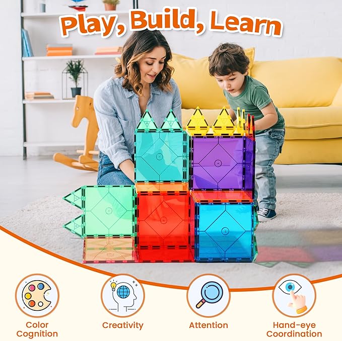 4 Piece Large Square Shape Magnetic Tiles Kids Toys, Magnetic Building Blocks STEM Magnet Building Set Preschool Learning Magnet for Kids Ages 3-5 4-8, Sensory Montessori Toys for 3+