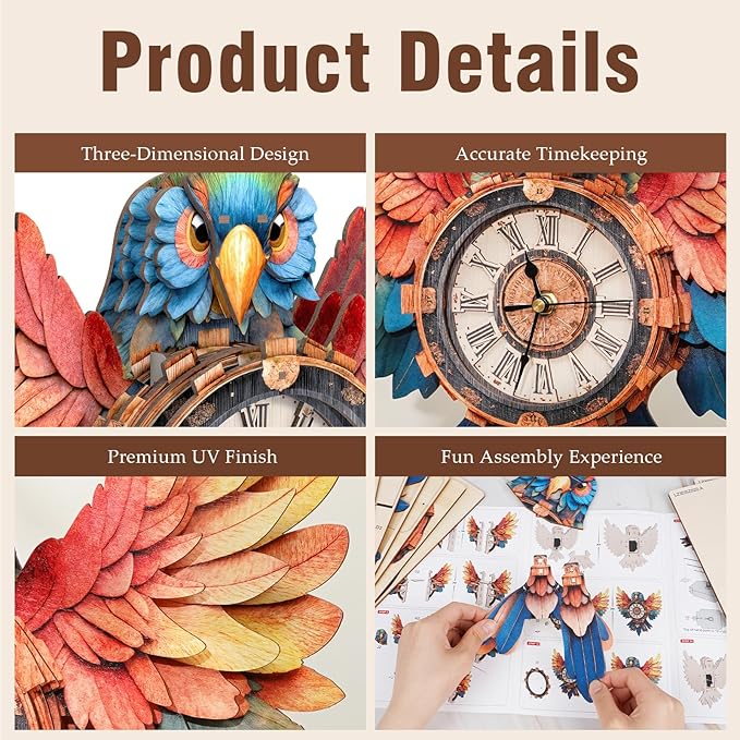 KAAYEE 3D Puzzle for Adult, Wooden Parrot Pendulum Clock Mechanical Model Kit, 33 PCS DIY Vintage Wall Clock Building Kit, Creative Craft Gift for Birthday Home Decor (Battery Not Included)