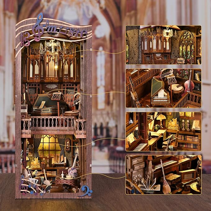 Timeless Melody Book Nook Kit, DIY Miniature Dollhouse Booknook Kit Music, 3D Wooden Puzzle Bookend Bookshelf Insert Decor with LED Light, Mini House Kit for Teens and Adults