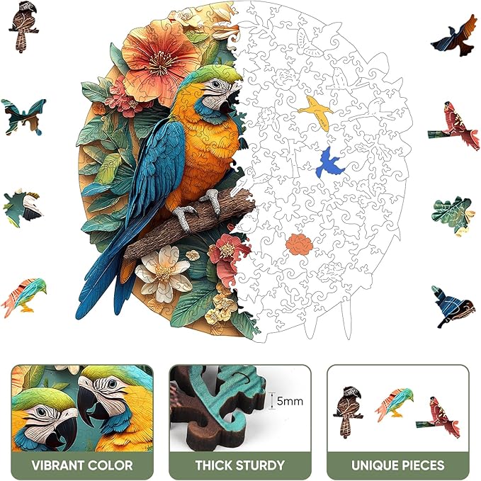 Ruikiyart Wooden Puzzles for Adults, 5MM 200 Pieces Parrots Wooden Jigsaw Puzzles, Birds Unique Shaped Puzzle Gifts for Adults and Kids on Thanksgiving, Challenging Family Puzzle Games (11"*11.2")