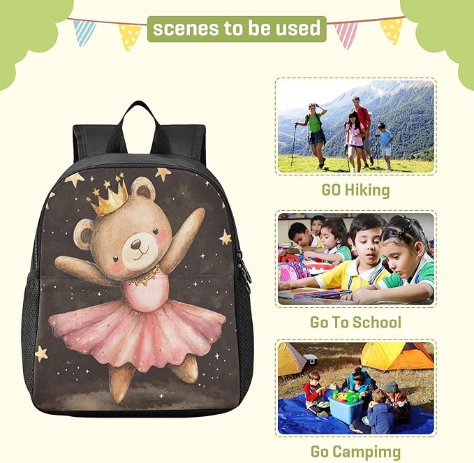 Dancing Bear Dark Toddler Backpack for Boys Girls 3-6 Preschool Small Backpacks Kids Mini Kindergarten Bookbag for Elementary for School
