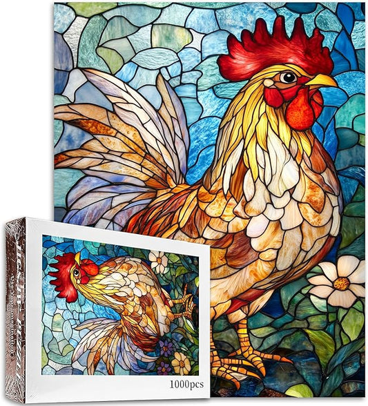 Glass Rooster Jigsaw Puzzle，Farm Rooster 1000 Pieces Jigsaw Puzzles for Adults，27 x 20 Inches Puzzles for Families，HD Quality Stained Glass Rooster Animal Photo Puzzle Gift，Perfect for Game Nights