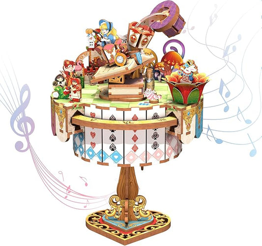 Tonecheer x British Library Wooden Music Box Puzzle for Adults, DIY Rotating Music Box Kit 3D Creative Musical Puzzle Crafts Model Building Kits Desk Decor for Birthday Gift (Alice's Tea Party)