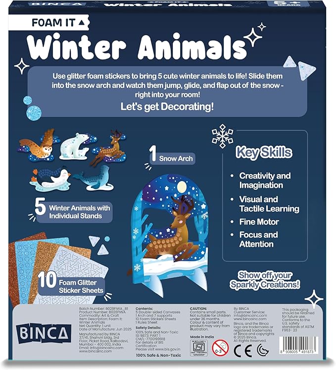 BINCA Foam Sticker Mosaic Art Activity, 750+ 3D Glitter Foam Stickers, 5 Winter Animals with Display Arch, DIY Mess-Free Activities, Felt Craft Kits & Gifts for Boys & Girls Ages 5,6,7,8