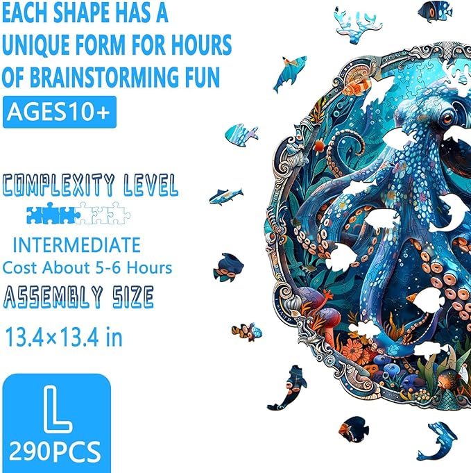 Wooden Puzzles for Adults, Mystic Tentacles Wooden Jigsaw Puzzle, Wood Puzzles Adult, Unique Shaped Octopus Puzzle for Adults, Fun Gifts & Home Decor (L-13.4 * 13.4in - 290 pcs)
