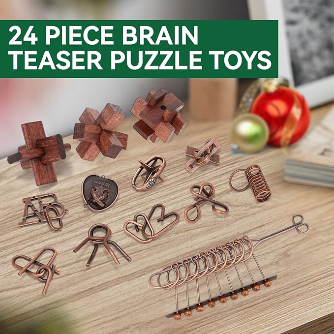 24 Pcs Brain Teaser Puzzles for Adults - Metal Puzzles 3D Puzzle Game Toys for Adults Teens - Wooden Unlock Interlocking Puzzle Adult IQ Education Smart Toys