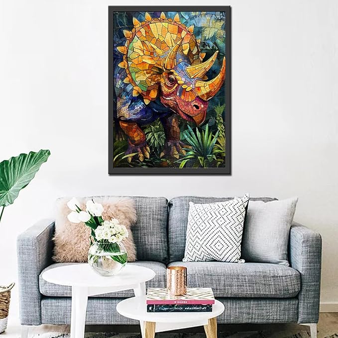 1000 Piece Jigsaw Puzzles for Adults, Stained Glass Dinosaur Jigsaw Puzzles，Colorful Stained Glass Triceratops Puzzle，Challenging Family Activity Perfect for Game Nights，Puzzle as Wall Art Decor