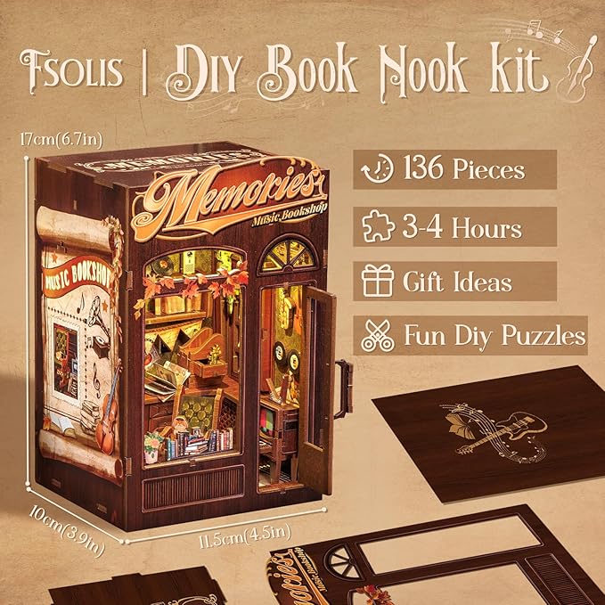 Fsolis Book Nook Kit, DIY Miniature House Kit, 3D Wooden Puzzles for Adults, 136 Pieces, Bookshelf Decor Mini Scale Model Boonook Craft, Gifts for Women Teenagers (Memories Music Bookshop)