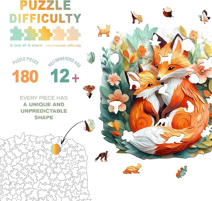 Wooden Puzzles for Adults - Parent Child Fox Wooden Jigsaw Puzzle - Unique Animal Shaped Wood Puzzles Adult - Christmas Birthday Gifts for Adults/Friends/Family - 180pcs 11.4 * 11.2in