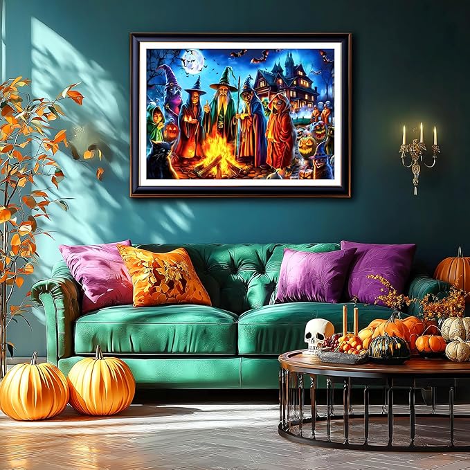 Halloween 1000 Piece Jigsaw Puzzle for Adults Witches' Spooky Bonfire Night Scene with Haunted House Bats Black Cats Pumpkins Scary Horror Ghosts Gothic Challenging Puzzle for Game Night (27.6"x19.7")