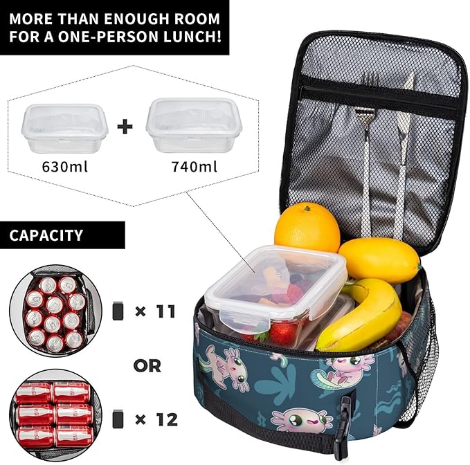Cute Axolotl Print Reusable Lunch Box Food Bag Insulated Lunch Bag for Teenage Boys Girls School Beach