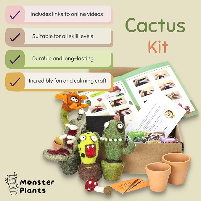 Woolbuddy Needle Felting Kit - Cactus Succulent Monster Design for Beginners Adult, Includes Wool, Supplies, 4 Clay Pots and Clear Instructions