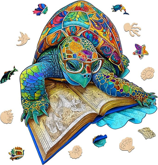 Wooden Puzzles for Adults, 501 Pieces Reading Turtle Wooden Jigsaw Puzzles, Animal Puzzle Unique Shaped Gift for Adults and Kids on Birthday Thanksgiving, Family Puzzle Games(16.2"*16.5'')