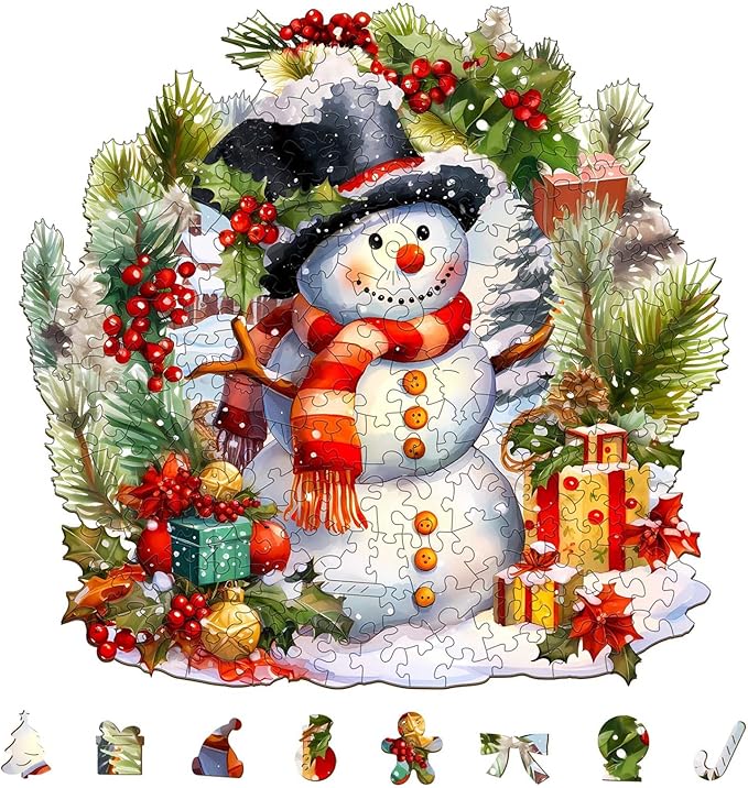 Christmas Wooden Puzzles for Adults, Snowman Wooden Jigsaw Puzzle, Unique Shape Wood Puzzles Adult, Presents for Family and Friends, Wall Art Home Decor (S-8.1 * 7.9in -110 pcs)