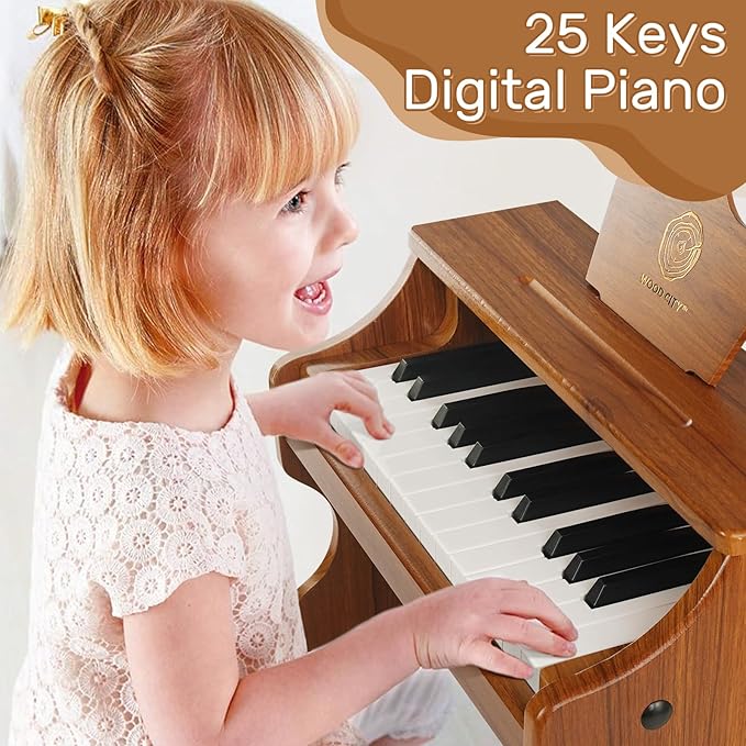 Wood City Wooden Piano Toys (25 Keys) Mini Music Educational Instrument Toy Toddler Baby Kids Piano Keyboard with Music Stand and Color Coded Keyboard Stickers for 3-7 Year Old