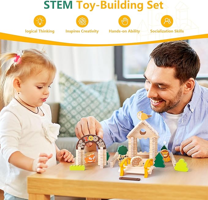 Wooden Building Blocks Wooden Building Blocks Construction Set Preschool Learning Montessori Toys Construction City Stacking Toys for Kids Ages 3-8 Birthday Gift (Log Color)