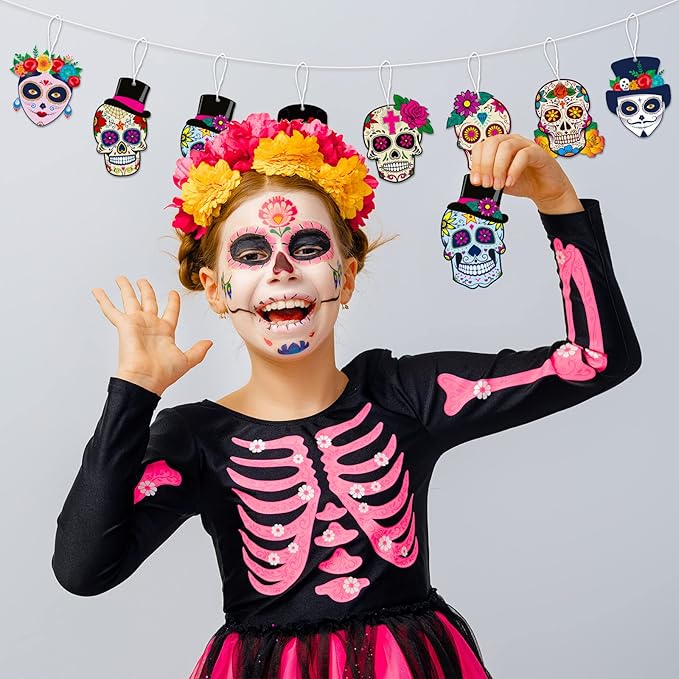Sumind 24 Sets Day of Dead Decorations Sugar Skull Crafts Kits for Kids Dia De Los Muertos Decor Halloween Ghost Ornaments Halloween Day of Dead Fiesta Party Supplies Fun Home Activities Classroom