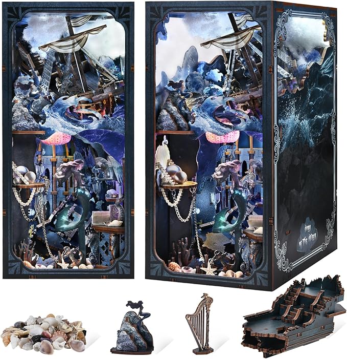 Book Nook Kit, DIY Doll House Booknook, Miniature Kit for Bookshelf Doll Houses for Adults Teen Halloween, 3D Wooden Puzzle Bookends with Led Light and Dust Cover (Sirens Song)