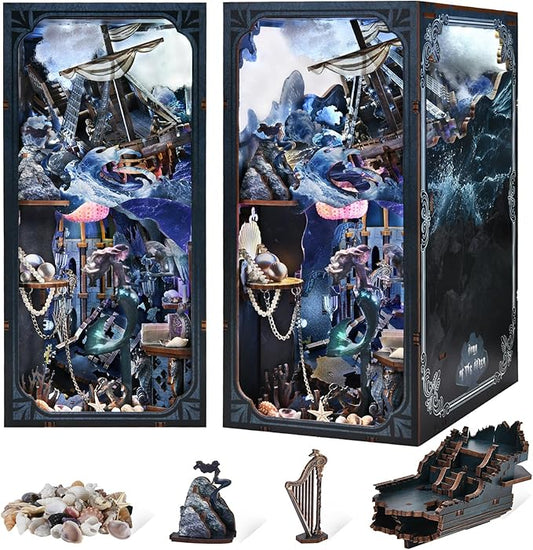 Book Nook Kit, DIY Doll House Booknook, Miniature Kit for Bookshelf Doll Houses for Adults Teen Halloween, 3D Wooden Puzzle Bookends with Led Light and Dust Cover (Sirens Song)
