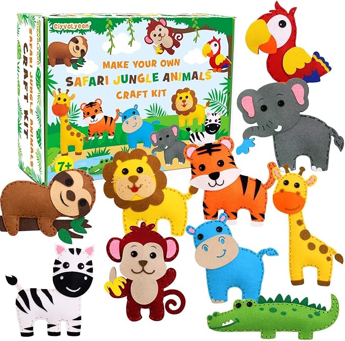 Safari Jungle Animals Sewing Kit Zoo Felt Animal DIY Crafts for Girls and Boys Educational Nursery Sewing for Kids Art Craft Kits for Beginners Set of 10
