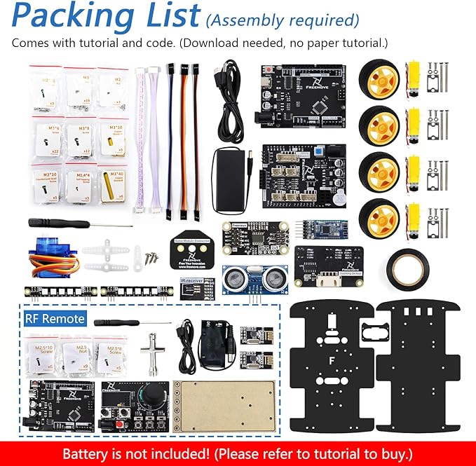 Freenove 4WD Car Kit with Remote (Compatible with Arduino IDE), Line Tracking, Obstacle Avoidance, Wireless Control App, Ultrasonic Sensor Motor Servo
