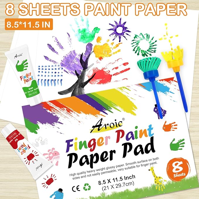 27PCS Kids Washable Finger Paint Set, 8 Colors Non Toxic Finger Paints, Finger Paint Paper, Brushes, Sponges, Art Painting Supplies for Toddlers,Finger Painting Supplies for Kids Boys Girls Gifts
