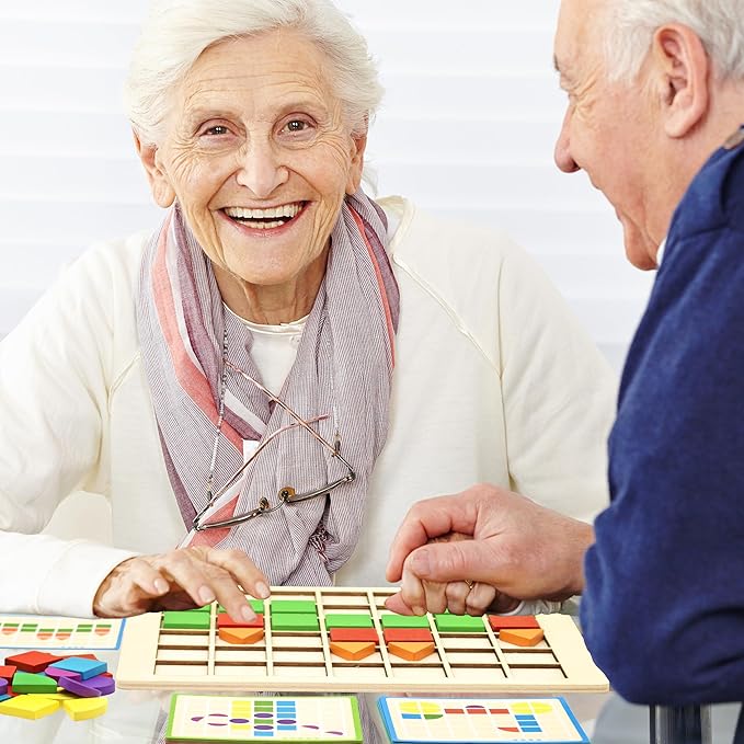 Activities for Dementia Patients, 80 Tiles Wooden Puzzle Games for Seniors, Colorful Shape Pattern Alzheimers Products for Elderly, Tile Matching Memory Cognitive Busy Board Gadgets Gifts