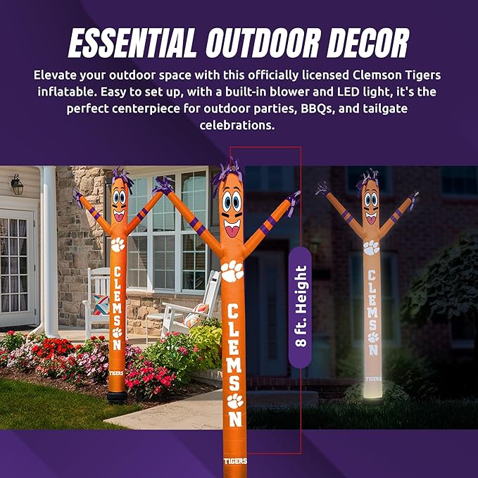 NCAA Clemson Tigers Football Wacky Waving Inflatable Tube Guy with LED Lights & Built-in Blower - 6" x 36" x 96" Inflatable Tube Man Crazy Sports Fan Outdoor Party Decoration