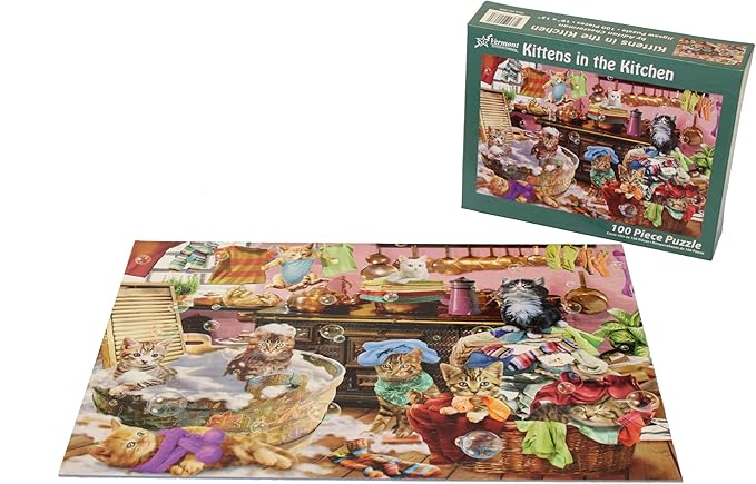 Vermont Christmas Company Kittens in The Kitchen Jigsaw Puzzle 100 Piece, Large Pieces Perfect for Kids and Seniors