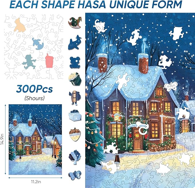 Wooden Puzzles for Adults, 300 Pieces Christmas Town Wooden Jigsaw Puzzles, 12.62 in Wooden Puzzle Adult Creative Christmas Thanksgiving Toy Gifts for Friends Family Puzzle Lovers